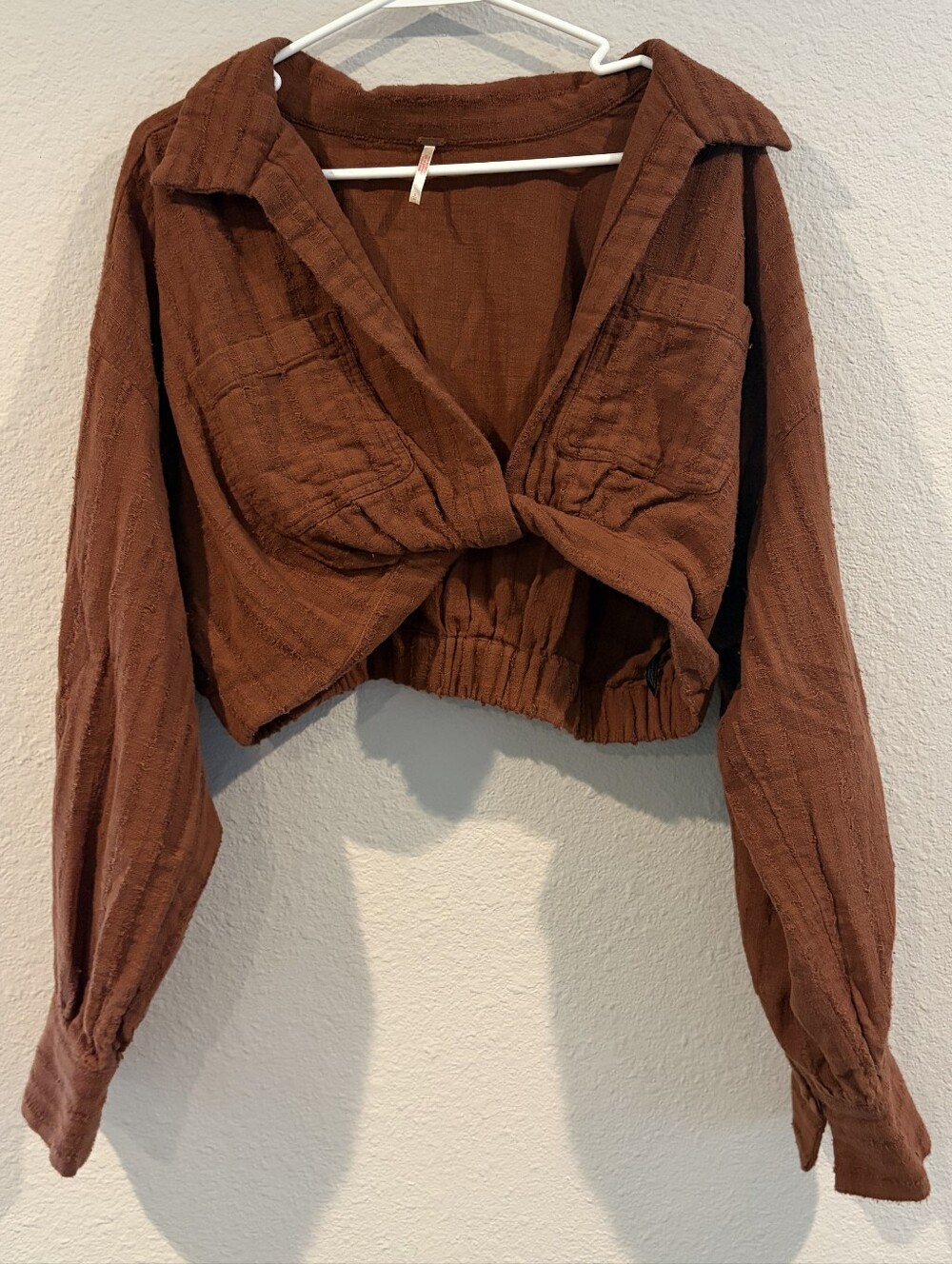 Free People Womens Stay Cool Rust Cotton Twist Front Long Sleeve Crop Top Size L